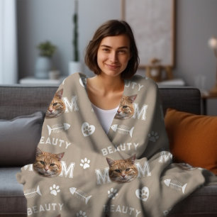 Cat Mom Camel Personalized Name and Photo Repeat Fleece Blanket