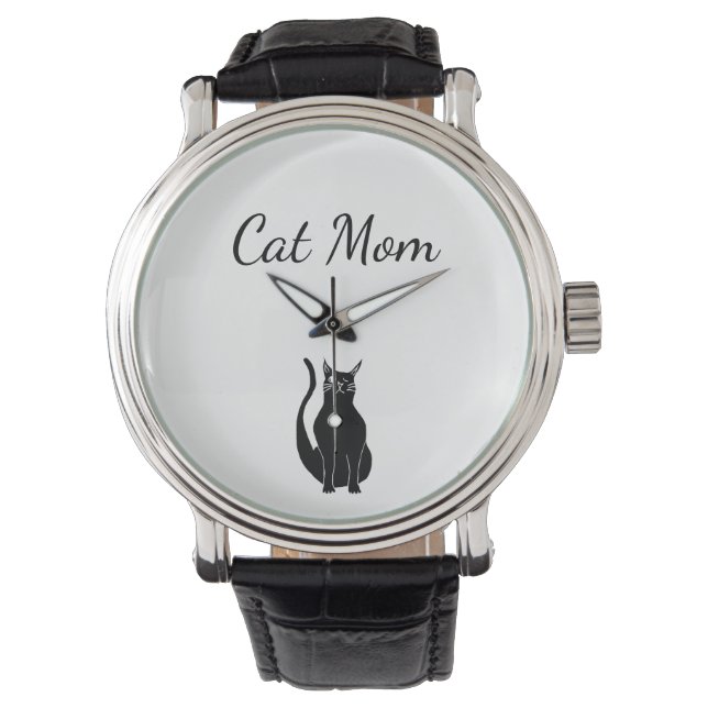 Cat Mom Cartoon Black Cute Winking Kitty Drawing Watch (Front)