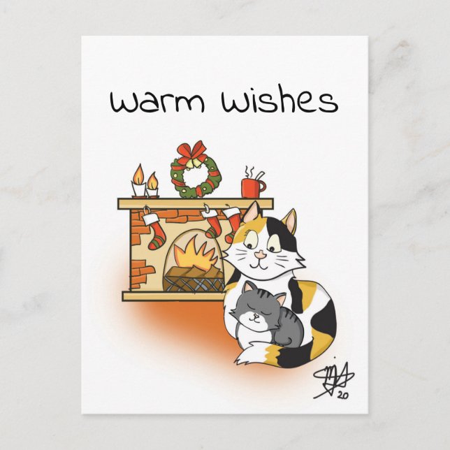 Cat Mom Cozy Christmas Fireplace  Postcard (Front)