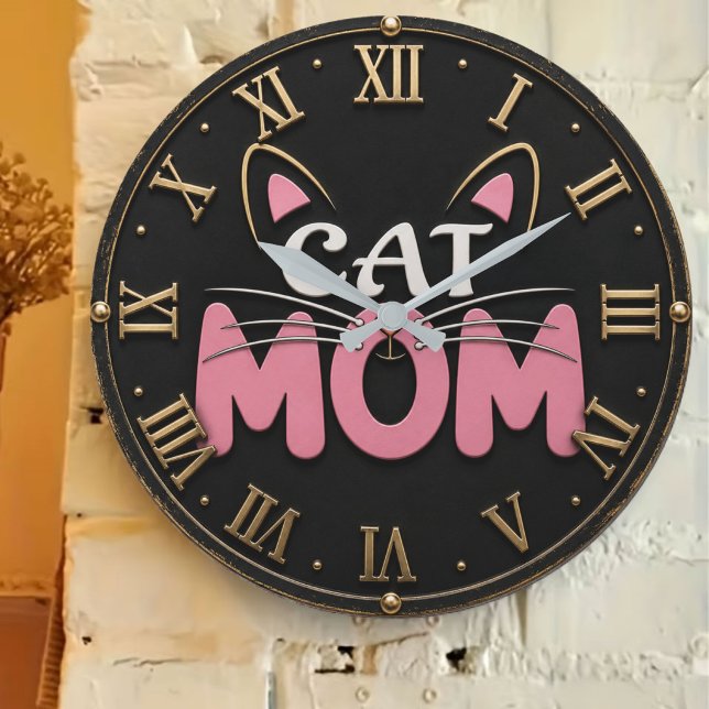 Cat Mom Cute Pink Cat Face Large Clock (Creator Uploaded)