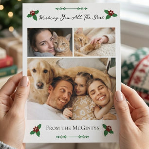 Cat Mom Dog Dad Festive 3 Photo Family Holiday Card