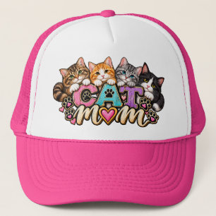 Cat Mom Four Cats Paw Print Hearts Trucker Hat