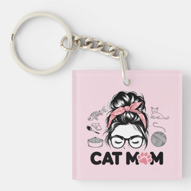 "Cat Mom" Funny Cute Cat Lover Women Keychain (Front)