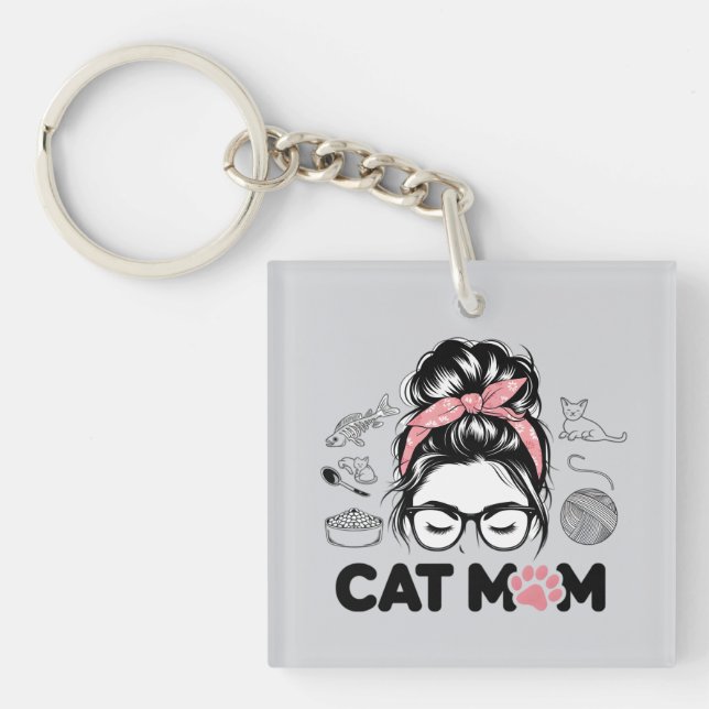 "Cat Mom" Funny Cute Cat Lover Women Keychain (Front)
