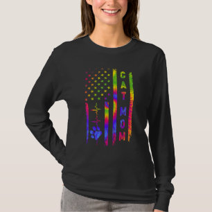 Cat Mom Heartbeat Tie Dye American Us Flag For Mot T-Shirt
