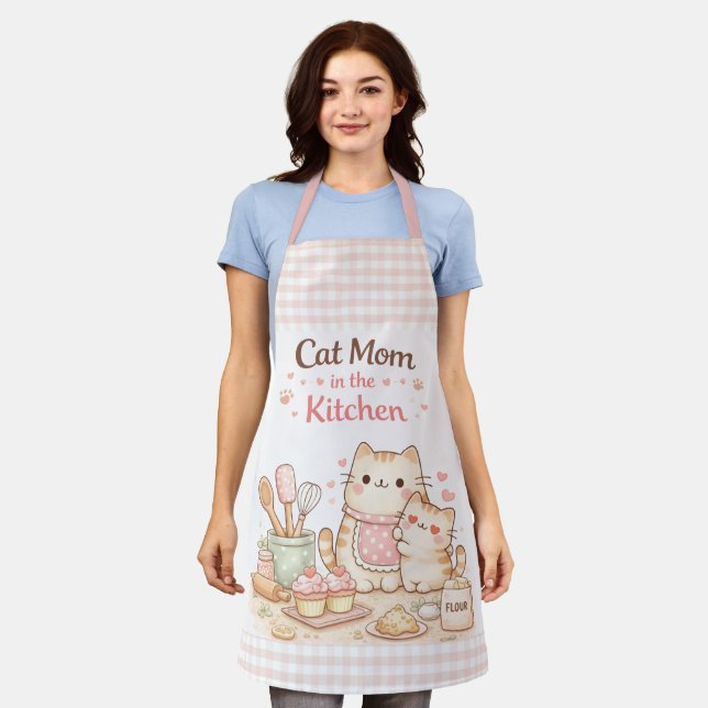 Cat Mom in the Kitchen Kawaii Pastel Gingham Pink Apron (Worn)