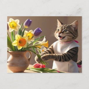Cat Mom is arranging Flowers Mother's Day  Holiday Postcard
