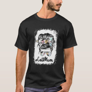 Cat Mom Messy Bun Hair Paws Yello Bandana Glasses  T-Shirt