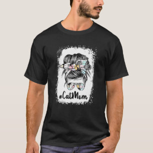 Cat Mom Messy Bun Paws Yello Bandana Glasses Mothe T-Shirt