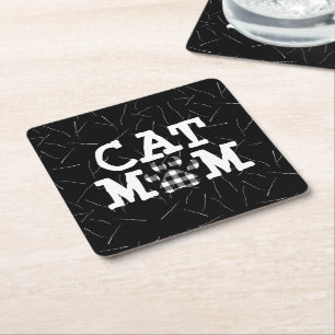 Cat Mom Pawprint with Cat Hairs  Square Paper Coaster