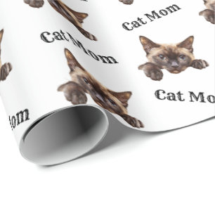 Cat Mom Peeking Burmese Watercolor Pattern Wrapping Paper