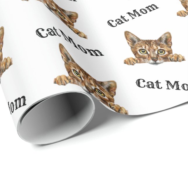 Cat Mom Peeking Chausie Repeating Pattern Wrapping Paper (Roll Corner)