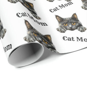 Cat Mom Peeking Cymric Repeating Pattern Wrapping Paper