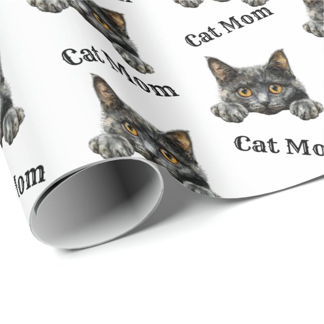 Cat Mom Peeking Cymric Repeating Pattern Wrapping Paper (Roll Corner)