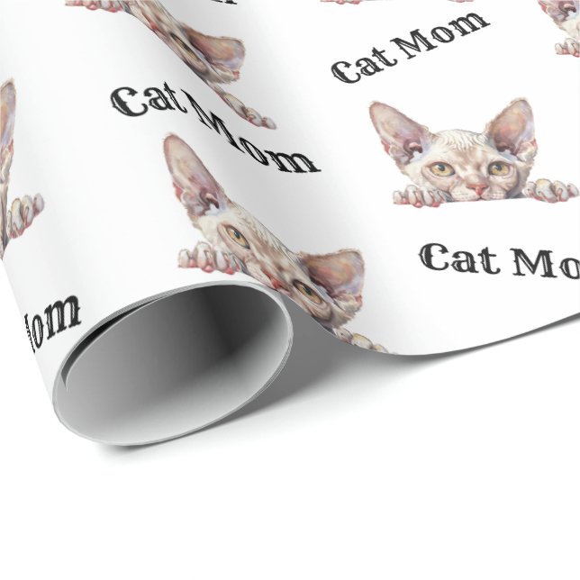 Cat Mom Peeking Devon Rex Repeating Pattern Wrapping Paper (Roll Corner)