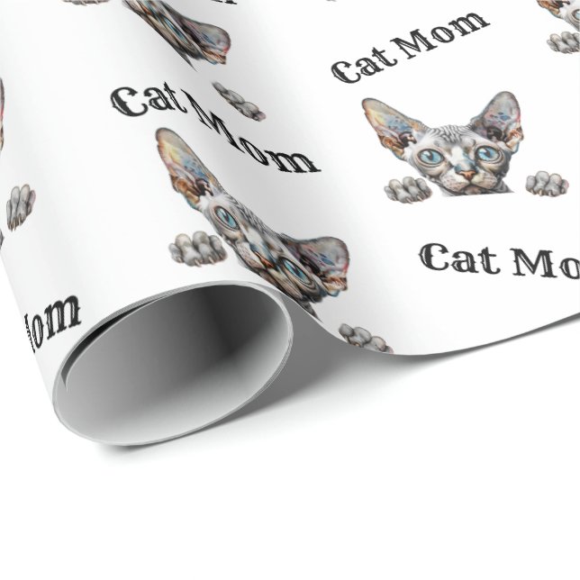 Cat Mom Peeking Don Sphynx Repeating Pattern Wrapping Paper (Roll Corner)