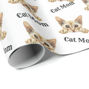Cat Mom Peeking Javanese Watercolor Pattern Wrapping Paper