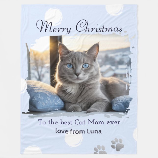 Cat Mom Personalized Pet Photo Christmas Fleece Blanket (Front)