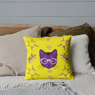 Cat Mom Pet Lover Modern Cute Purple Bright Yellow Throw Pillow
