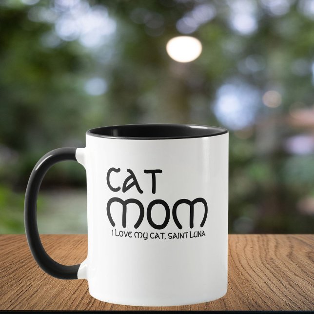 Cat Mom Pet Name Script Text Black White Customize Mug (Creator Uploaded)