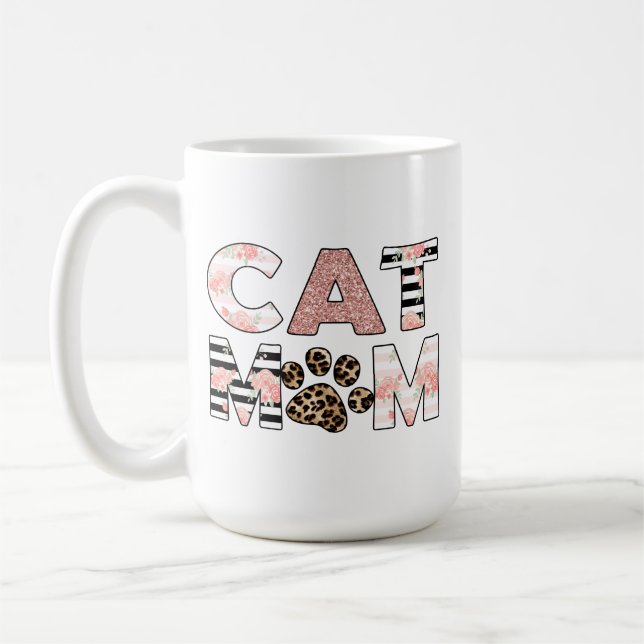 Cat Mom Pink Floral & Leopard Paw Coffee Mug (Left)
