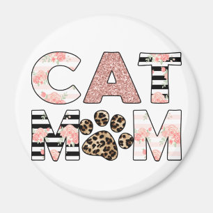 Cat Mom Pink Floral & Leopard Paw Magnet