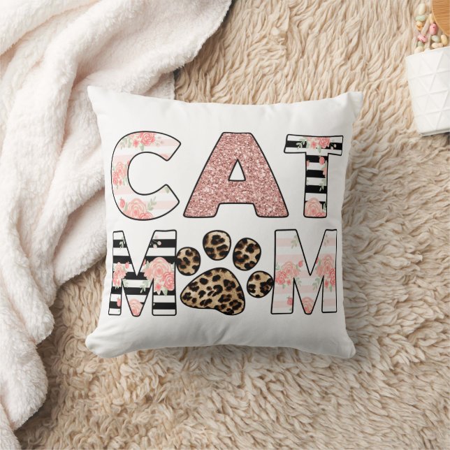 Cat Mom Pink Floral & Leopard Paw Throw Pillow (Blanket)