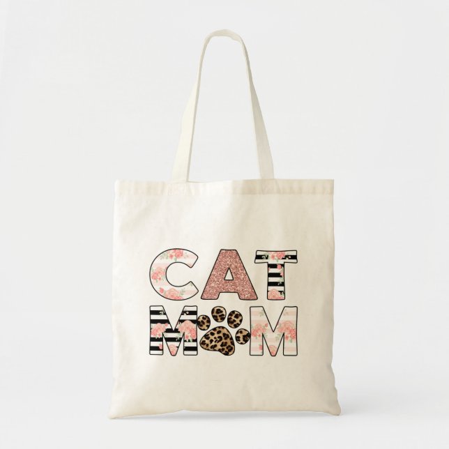 Cat Mom Pink Floral & Leopard Paw Tote Bag (Front)
