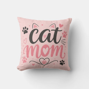 Cat Mom Throw Pillow - Pink Paw Prints and Hearts 