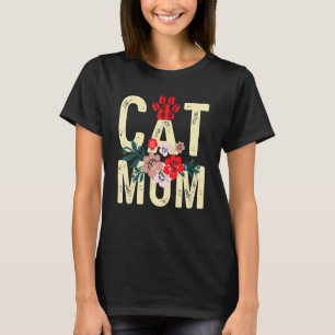 Cat Mom Vintage Flowers Red Plaid Cat Paw Kitty W T-Shirt