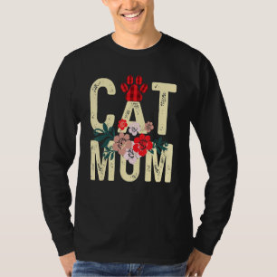 Cat Mom Vintage Flowers Red Plaid Cat Paw Kitty W T-Shirt