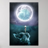 Cat Moon Fantasy Girl Poster