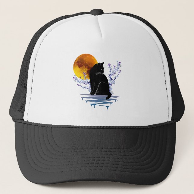 CAT MOON IN BLOSSOM FLOWER BLACK CATS LOVER  TRUCKER HAT (Front)