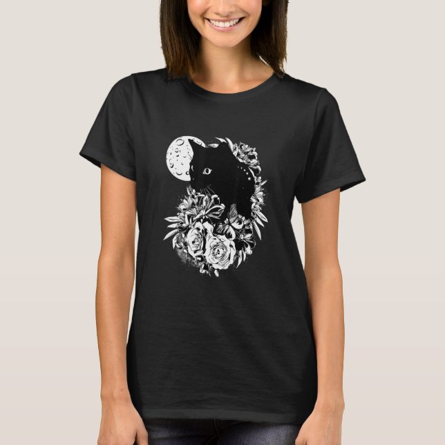 Cat Moon Night Flowers Black Cats T-Shirt (Front)