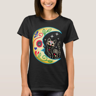 Cat & Moon Sugar Skull Dia de Los Muertos, Day of  T-Shirt