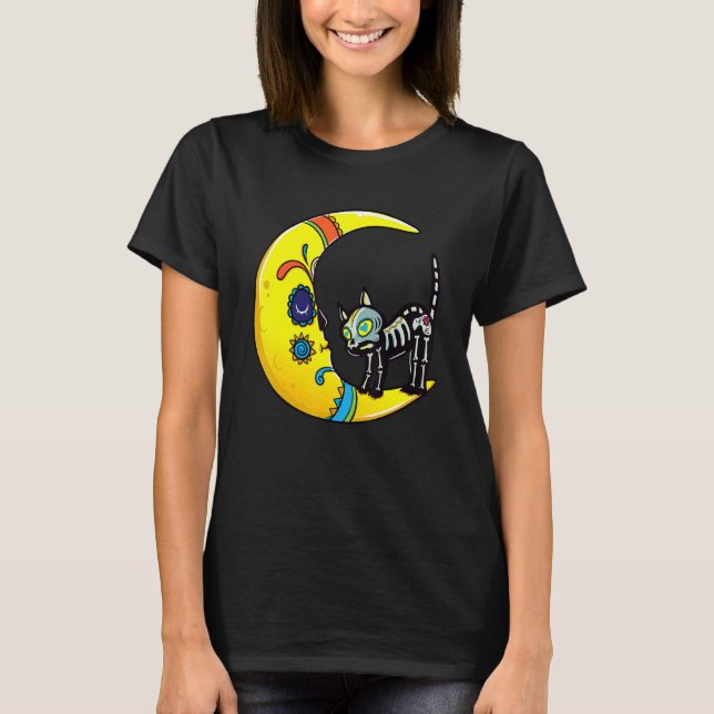 Cat & Moon Sugar Skull Dia de Los Muertos  Day Of  T-Shirt (Front)