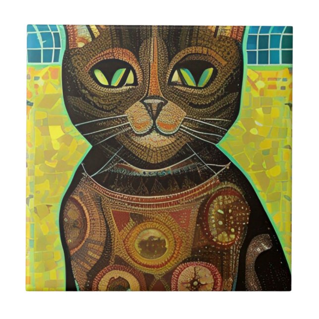 Cat moroccan mosaic abstract art brown kitty voice tile (Front)