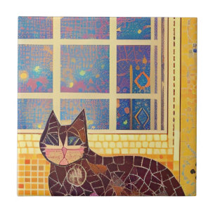 Cat moroccan mosaic abstract art brown square  tile