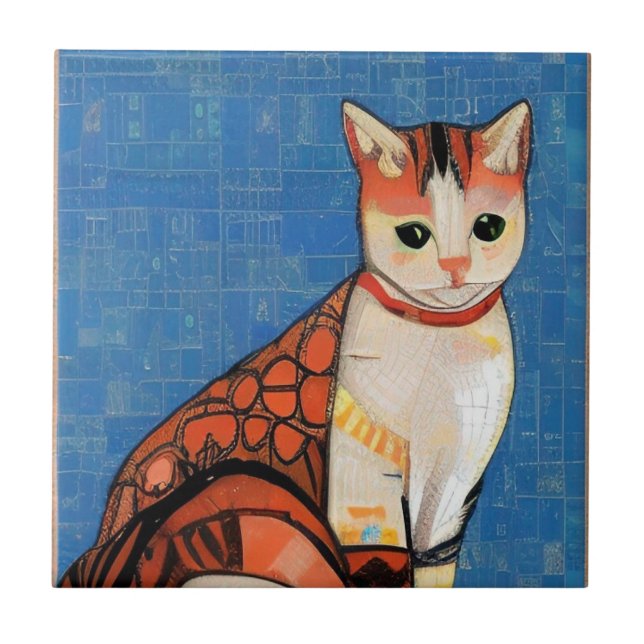 Cat moroccan mosaic abstract art ginger blue kitty tile (Front)