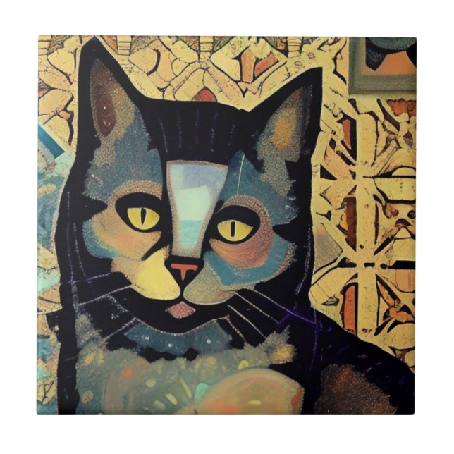 Cat moroccan mosaic abstract art kitty voices tile (Front)