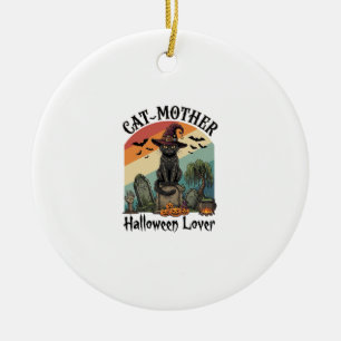 Cat Mother Halloween Lover Black Witch Hat Pumpkin Ceramic Ornament