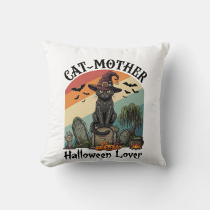 Cat Mother Halloween Lover Black Witch Hat Pumpkin Throw Pillow