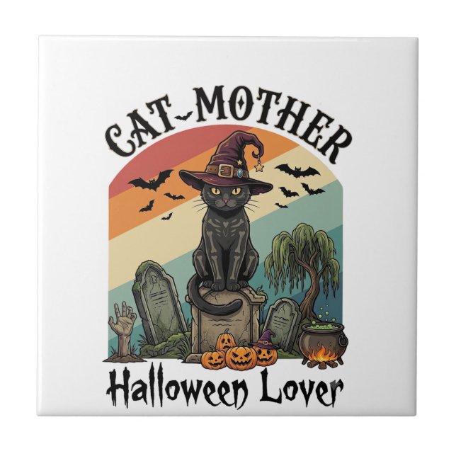 Cat Mother Halloween Lover Black Witch Hat Pumpkin Tile (Front)
