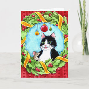 Cat, mouse, Christmas wreath greeting card