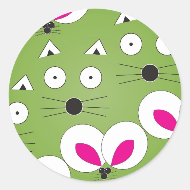 Cat Mouse Pattern Green Classic Round Sticker (Front)