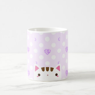 Cat mug with lilac hearts and moons