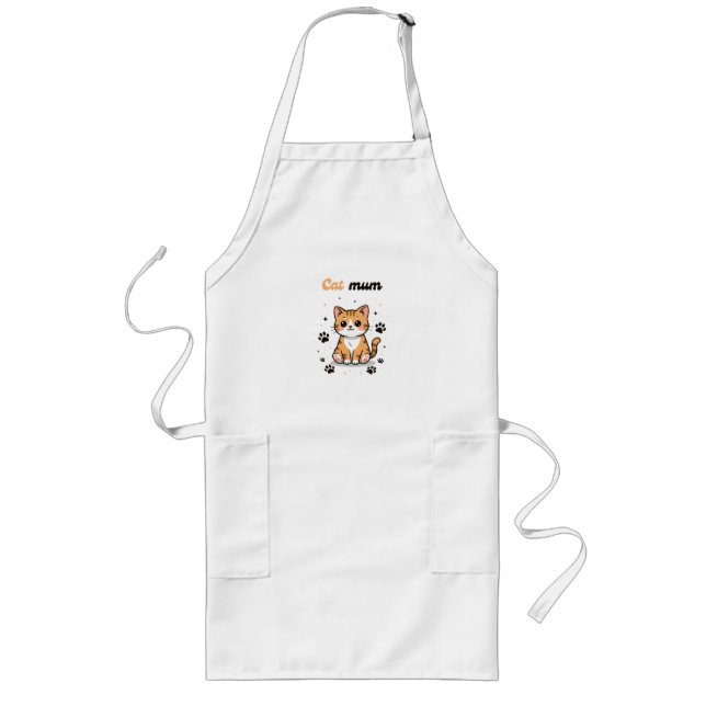 Cat Mum – Cute Orange Tabby Cartoon with Paw Print Long Apron (Front)
