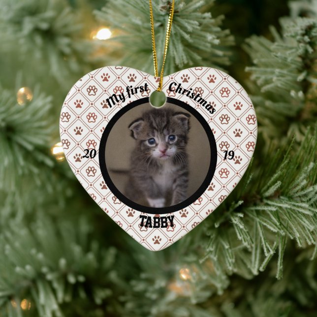 Cat My First Christmas Kitten Photo Name Heart Ceramic Ornament (Tree)
