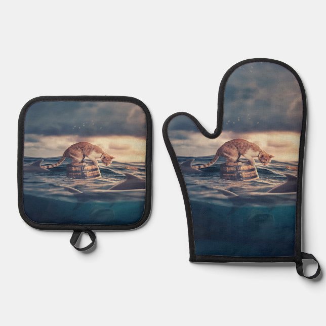Cat Nap Dream or Nightmare Oven Mitt & Pot Holder Set (Front)