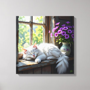 Cat Napping on the Window Sill Purple Flowers Canvas Print